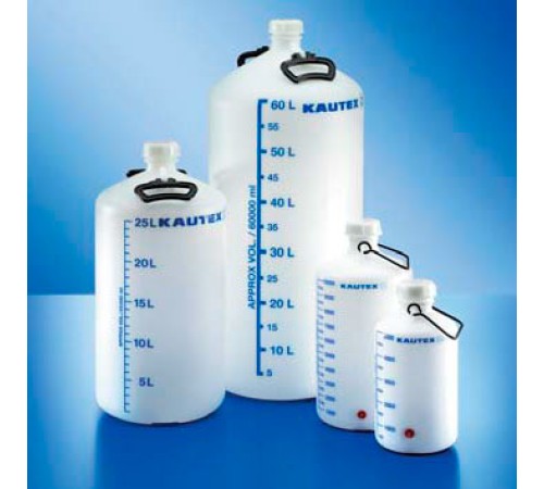 Бутыль Kautex толстостенная 60 л, HDPE, круглая, с синей градуировкой, Ø 50 мм, естественный цвет, с ручками и крышкой, без резьбового соединения Бутыль Kautex толстостенная 60 л, HDPE, круглая, с синей градуировкой, Ø 50 мм, естественный цвет, с ручками и крышкой, без резьбового соединения